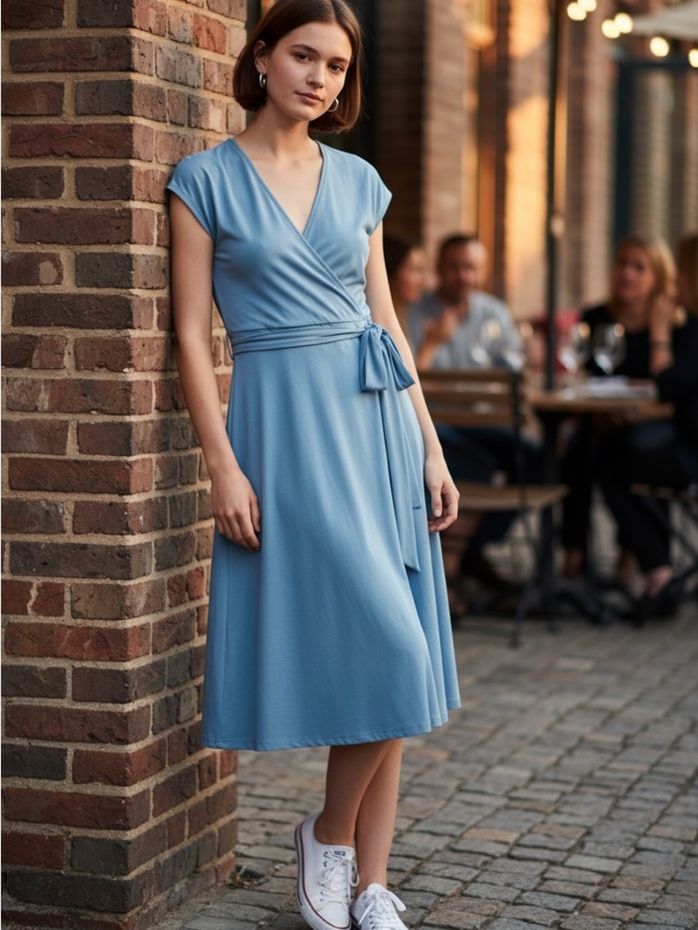 Light Blue Wrap Midi Dress with Tie Waist